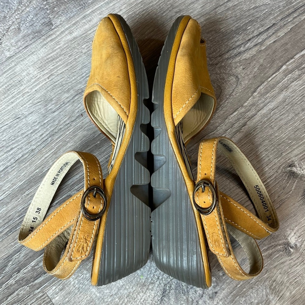 Fly London Yellow Leather‎ Wedge Peep Toe Ankle Strap Sandals EU 38 US 7.5